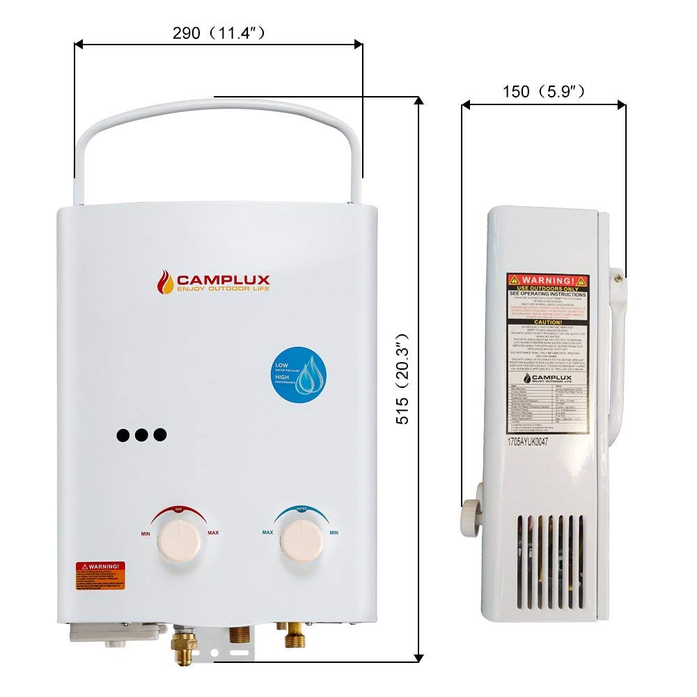 Camplux AY132 5L Propane Tankless Water Heater Dimensions