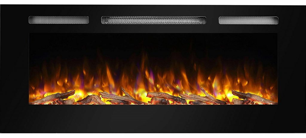 PuraFlame Alice 48" Recessed Electric Fireplace, Wall Mounted for 2 X 6 Stud, Log set & Crystal, 1500W heater, Black