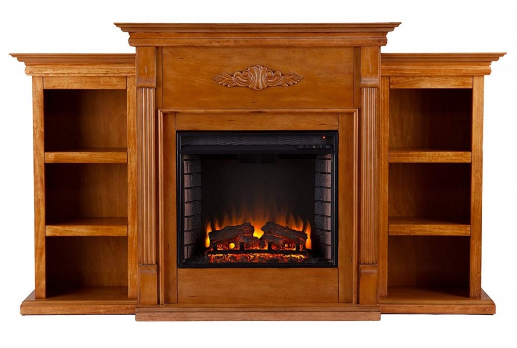 SEI Southern Enterprises Tennyson Electric Fireplace with Bookcase, Glazed Pine Finish