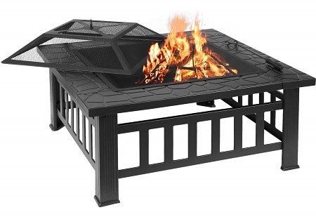 femor 32'' Fire Pit Table Outdoor, Multifunctional Patio Backyard Garden Fireplace Heater/BBQ/Ice Pit, Square Stove with Barbecue Grill Shelf and Waterproof Cover 